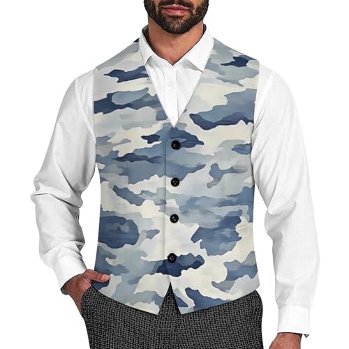 Blue Gray Camouflage Men's Formal Suit Vest for Business Formal Or Casual Dress Waistcoat Wedding