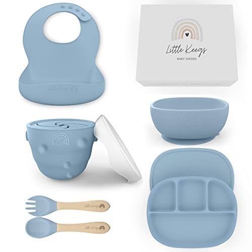 Little Keegs Baby Feeding Set - Dusty Blue, 8 Piece, BPA Free Silicone, Microwave and Dishwasher Safe