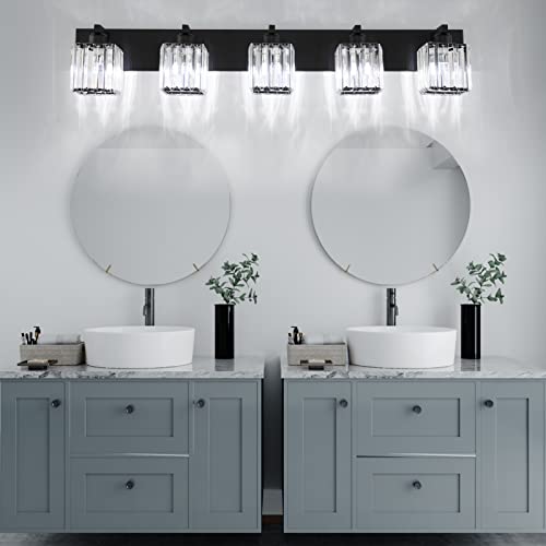 Image of Aipsun Bathroom Vanity Light Black Light Fixtures 5 Light Crystal Vanity Light Modern Bathroom Lighting (Exclude Bulb)