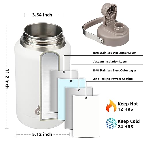 Image of BJPKPK 64oz Insulated Water Bottles, Dishwasher Safe Half gallon Water Bottle with Metal Handle, BPA Free Spout Lid & Detachable Bowl, Large Stainless Steel Jugs, Milky White