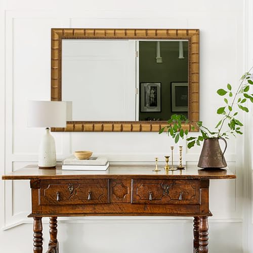 Image of Vintage Warm Gold Mirror, 39'' x 27'' Solid Wood Mirror Frame with Vintage Bamboo Design, Decorative Mirrors for Living Room, Bathroom, Bedroom, Entryway, Fireplace, Horizontal /Vertical