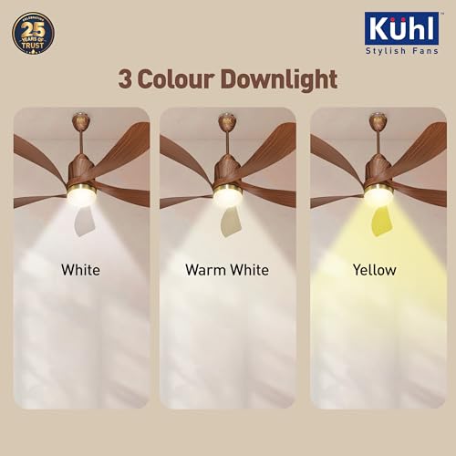 Image of KUHL Luxus Twist 1320mm Stylish 65% Power Saving BLDC Ceiling Fan With Remote |Down Light|BEE 5 Rated & ISI Marked|Low Noise| IoT -Operate via Mobile & Alexa |Reverse Mode |Free Installation |Teak
