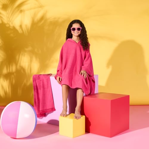 Brentfords Poncho Towel Short Sleeve Quick Dry Absorbent Beach Swim Childrens Travel Wrap Hooded Holiday Spa Pool Kids Dry Changing Robe - Pink