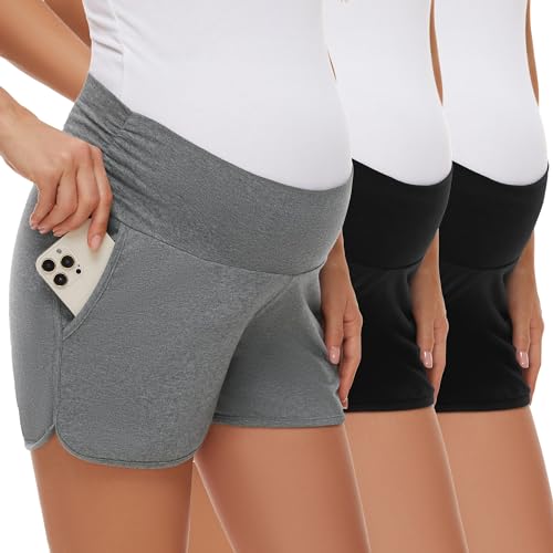 Image of PACBREEZE Women's Maternity Shorts Lounge Pajama Workout Running Casual Summer Pregnancy Shorts (Black/Black/Dark Heather Grey, XX-Large)