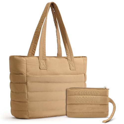Axcone Bolsa feminina acolchoada leve com vários bolsos, compartimento para laptop e bolsa de maquiagem para presente, Caqui, One Size