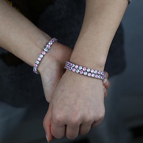 Trendy Single-Row 14K Gold Tennis Chain, Bracelet with 5mm White and Pink Moissanite, Great Gift for Fashion Lovers, Women‘s and Wives4