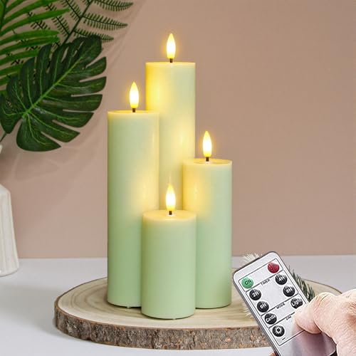 Image of Flickering Flameless Pillar Candles with Remote Control and Cycle Timer,Sage Green Pack of 4 Battery Operated(Powered by 2AA) LED Real Wax Tall Fake 3D-Wick Electric (D 2.2 inch x H 4 inch,6 inch,8 inch,10 inch)