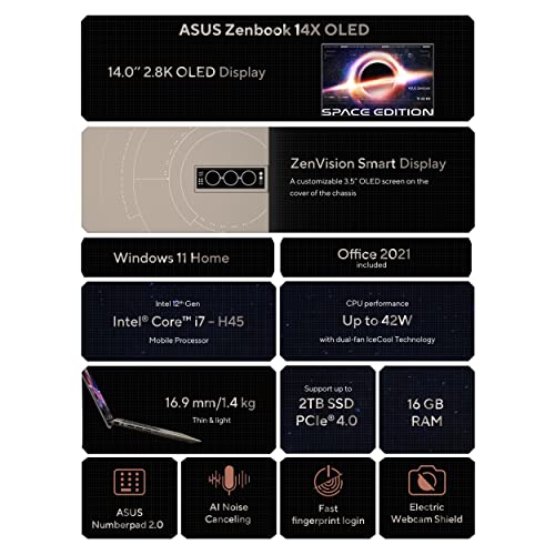 Image of ASUS Zenbook 14X OLED Space Edition, 14 inch (35.56 cms) 2.8K OLED 16:10 90Hz Touch,  Core i7-12700H 12th Gen, Thin and Light Laptop, UX5401ZAS-KN711WS + BP1504 15.6 inch (39.62 cms) Backpack (Black)
