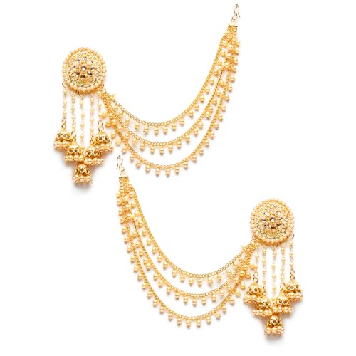 Bindhani Gold-Plated Devsena Indian Bahubali Tassel Jhumka Earrings With Hair Chain For Women