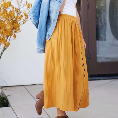 Women's Elastic High Waist Pleated A-Line Midi Skirts Dressy Casual Trendy Button Down Business Work Long Skirt3