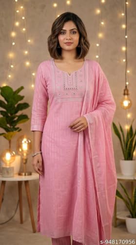 Image of Women's Cotton Blend Embroidered Kurta with Dupatta Set | Straight Fit Ethnic Kurta | 3 /4 Sleeves | Round Notch Neck | Solid Pink Traditional Suit Set