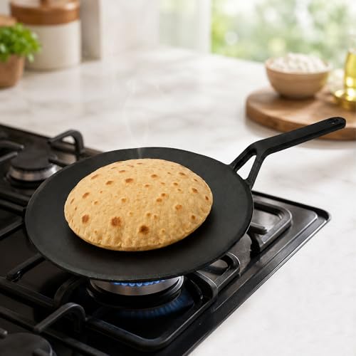 Image of Cast Iron Roti Tawa with Handle|Pre-Seasoned Non-Stick Iron Tawa for Roti /Dosa /Chilla |Heavy Duty Non-Toxic Cookware |Stove & Induction Compatible | Black, 28cm, 2kg