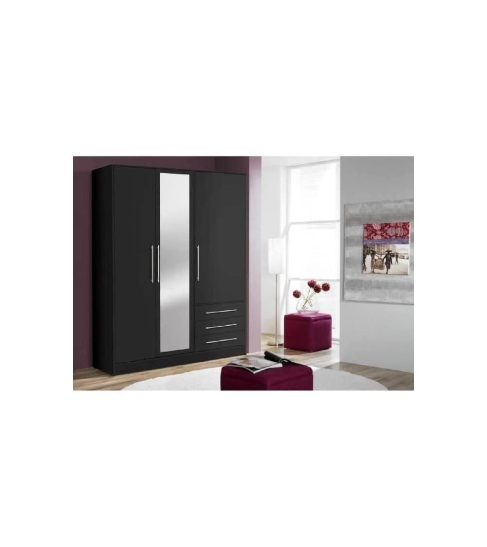 Forte Jupiter Kleiderschrank 145 150, moderner Drehtürenschrank, 3-türig, 2 Schubladen, Schlafzimmer, Holzwerkstoff, Schwarz, 144,6 cm breit x 200 cm hoch x 60 cm tief