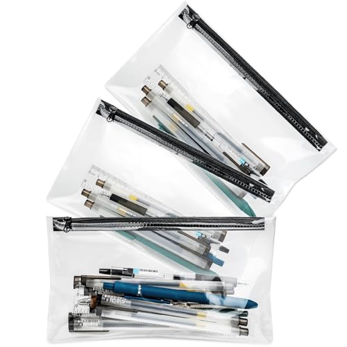 elzle Federmäppchen Durchsichtige für Prüfungen, 3 Stück Transparente Federtaschen Reißverschluss wasserdichte PVC Pencil Case für Schule Schreibwaren,Toilettenartikel,Make up