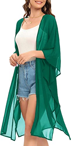 Image of Indian Trendy Women's Solid Puff Sleeve Kimono Long Cardigan Loose Cover Up Casual Blouse Top Chiffon