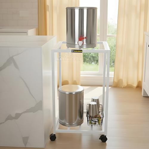 Image of 2-Tier Metal Water Dispenser Stand with Lockable Wheels ? Heavy-Duty Frame Cart for 20?25L Bottles, Cans & Jars | Multifunctional Kitchen & Home Storage and Mobility Solution (White)