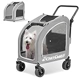 EchoSmile 4 Wheels Pet Stroller, Foldable Dog & Cat Stroller for All-Season, Lightweight Carrier with Storage Basket, Adjustable Handle, Removable Pad, Breathable Mesh, Up to 135 lbs, Grey