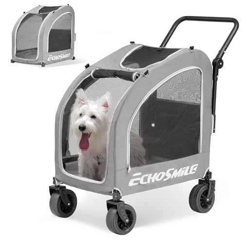 EchoSmile Passeggino per Cani di Piccola e Media 20 kg, Carrozzina per Cani Pieghevole Adatto a Tutti i Terreni con Doppi Freni, Cinture di Sicurezza per Auto e Finestrini in Rete, Grigio