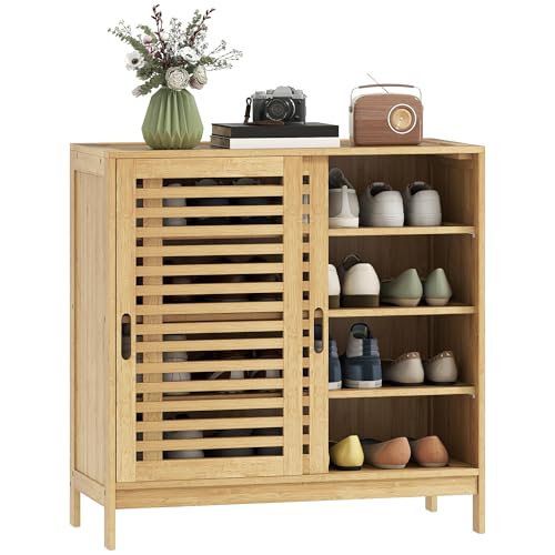HOMCOM Meuble à Chaussures en Bambou 16 Paires, Armoire à Chaussures 4 Niveaux avec 2 Portes coulissantes à Lattes, étagères réglables, Style Nordique,...