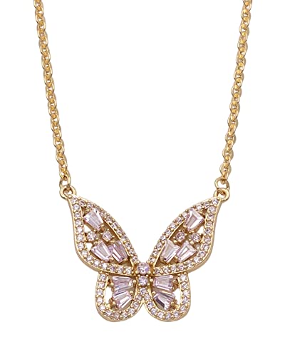 Pink Butterfly Pendant Necklace Pink Zircon Stainless Steel Chain 17.72