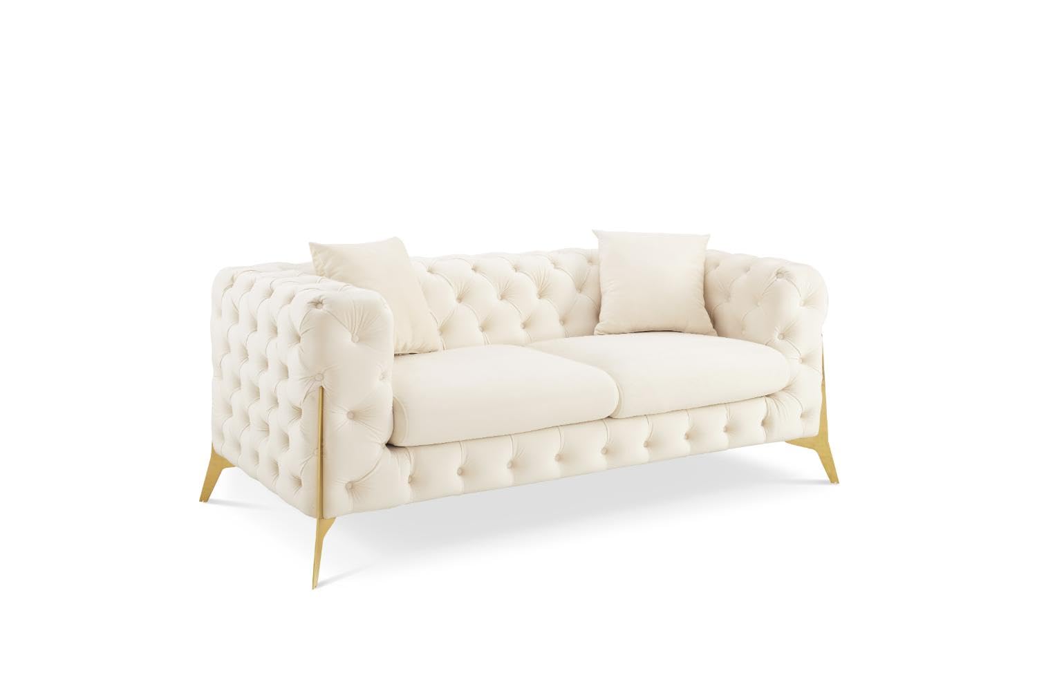 Velvet Fabric Sofa Chesterfield Armchair, Velvet 2 Seater Sofa or Velvet 3 Seater Sofa Couch Living Room Chairs Set with Matching Cushions in Cream, Green, Blue or Dark Grey (Cream, 2 Seater)