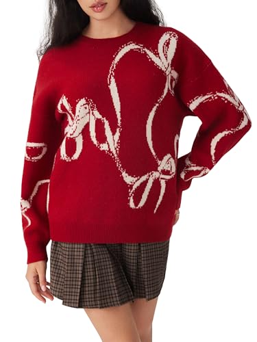 CIDER Womens Sweater Bow Knot Cute Y2k Long Sleeve Crew Neck Pullover Tops3