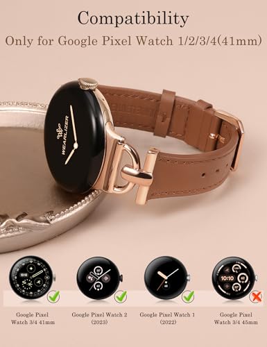 Image of Wearlizer Leather Bands Compatible with Google Pixel Watch 4 /3 41mm /Pixel Watch 2 /1 Band Women, Dressy Designer Slim Leather Strap with D-Shape Metal Buckle for Pixel Smartwatch Accessories
