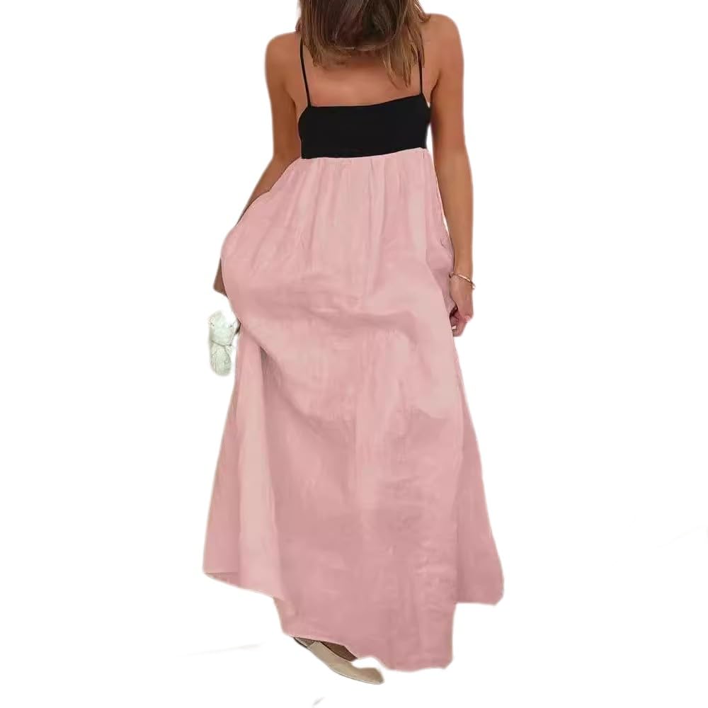 dsumvns Womens Cotton Linen Maxi Dress Travel Vacation Contrast Trim Spaghetti Straps Summer Long Dresses