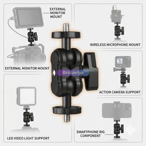 Image of BROLAVIYA Dual Ball Head Magic Arm Mount with 1 /4 inch Standard Screws, 360 Rotatable Universal Bracket for DSLR Camera Monitor, LED Video Light, Microphone and Action Cam Support