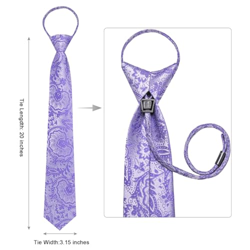 Image of Hi-Tie Zipper Ties for Men Light Purple Floral Adjustable Pre-Tied Necktie Lapel Pin Pocket Square Cufflinks Set