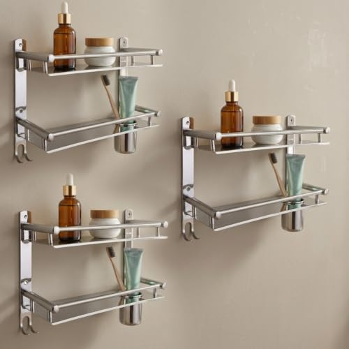 Image of GLOXY Premium 2 Tier Bathroom Stainless Steel Shelf with Tumbler & Soap Dish Combo Pack of 3 - Wall Mount Double Layer Shelf with Chrome Finish & Multipurpose Hooks for Towel - Bathroom Accessories