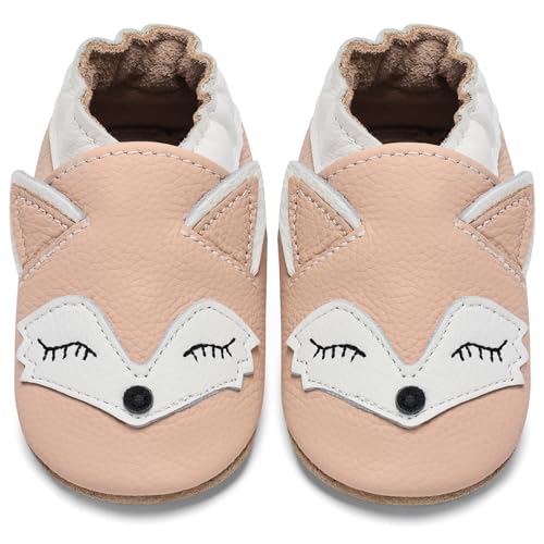 IceUnicorn Chausson Bebe Chausson Cuir Souple Bebe Garçon Fille Premiers Pas Chaussons Bébé(Renard Rose Clair, 12-18 mois)