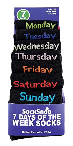 7 Pack Mens Black/Coloured Heel and Toe Days of the Week Novelty Cotton Socks (6-11 uk, Days of the Week)