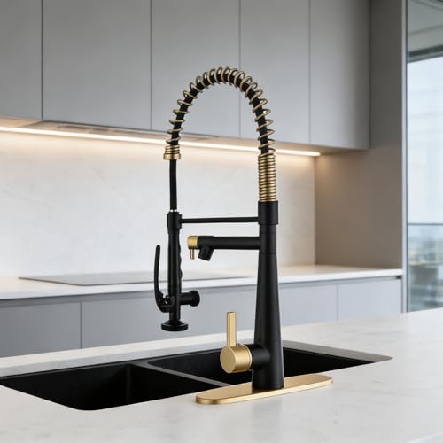 Image of Kitchen Faucet, Solid Brass Black + Brushed Gold Kitchen Faucet, Heavy Duty Spring Pre-Rinse Single Handle Kitchen Faucets with Pull Down Sprayer and Pot Filler, Commercial Style Sink Faucet