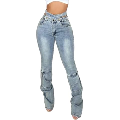 Vakkest Sexy High Waisted Skinny Jeans for Women Bodycon Crossover Stretchy Denim Cargo Pants Streetwear with Pockets Cover