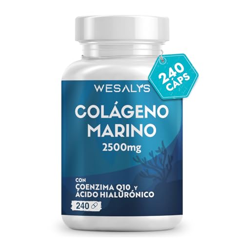 Colágeno Marino Hidrolizado 2500mg con Magnesio y Ácido Hialurónico | 240 Cápsulas | con Vitamina C natural, para cartílagos, huesos y piel | Alta dosis, Péptidos de Colágeno Marino Puro
