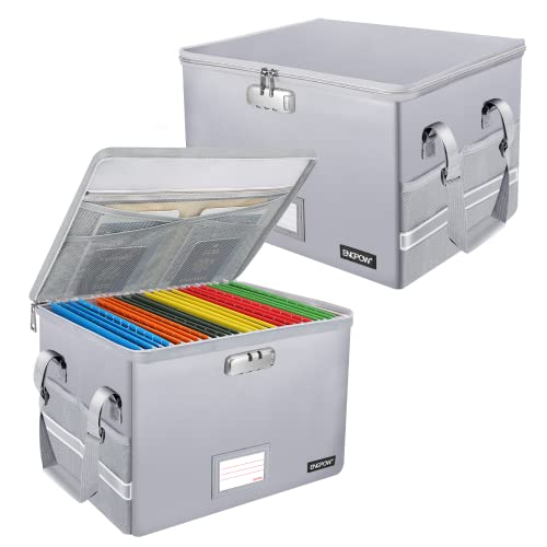 ENGPOW File Box with Lock, Fireproof Document Box with Pockets, Collapsible File Organizer Filing Storage Cabinet with Handle, Portable Home Office Safe for Hanging Letter/Legal Folders,Silver,2 Pack