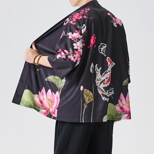 Image of PRIJOUHE Men's Lightweight Kimono Jacket Seven Sleeve Open Front Cardigan Coat Japanese Style Bathrobe