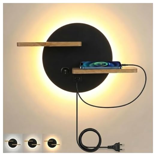 KZT Wandleuchten Interieur LED Wandlampe mit schalter und USB Ladeanschluss Nachttischlampe 3 Farben Einstellbar Kinder Leselampe mit Holzen Regal Wandbeleuchtung für Wohnzimmer Schlafzimmer, Schwarz