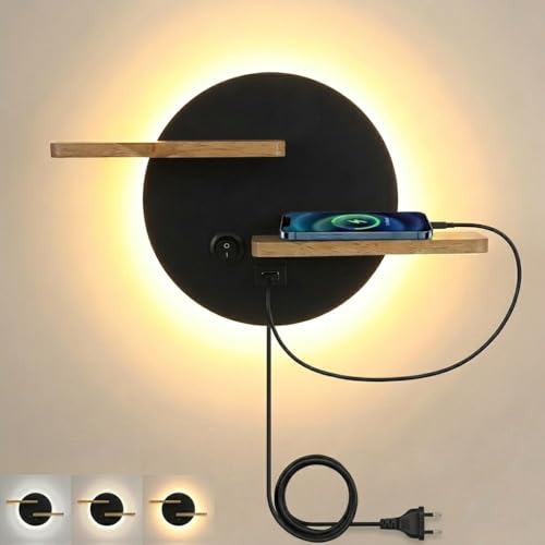 KZT Applique Murale Chambre avec Interrupteur 3 Température LED Lampe de Chevet avec Port de Charge USB et Plateau Applique Liseuse 9W Lampe Murale en Bois...
