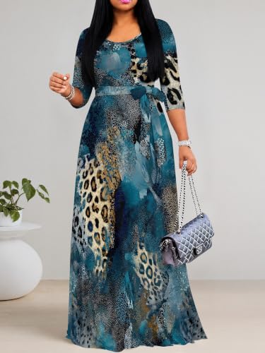 Image of PinkPatty Plus Size Maxi Dress for Women Casual V Neck 3 /4 Sleeve Boho Printed Long Dress with Pockets