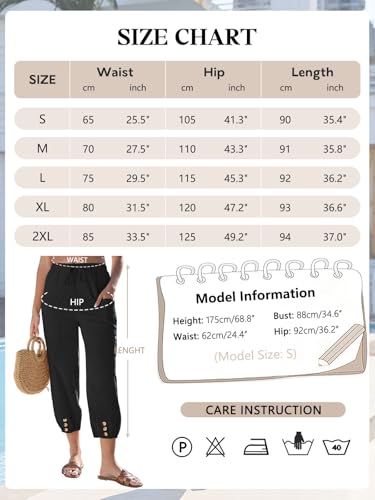 Yutdeng Ladies Cotton Linen Trousers Womens 7/8 Length Cropped Trousers Summer Casual Lightweight Beach Pants Loose Fit with Elastic Waist and Pockets Baggy Harem Lounge Pants Black - Image 4
