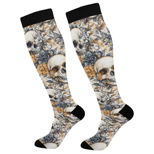 ALAZA Athletic Compression Socks Knee High Socks Stockings for Women Skulls Floral Vintage Running Circulation Sport Football