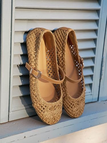 Image of Coutgo Womens Mary Jane Woven Flats Round Toe Ballet Flats Dressy Comfortable Slip On Shoes