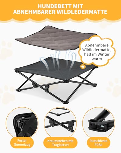 KingCamp Erhöhtes Hundebett Hundeliege Outdoor Haustierbett Haustierliege Atmungsaktivem Mesh & Wildledermatte & Rutschfesten Füßen für Reisen Garten Outdoor Indoor, Schwarz 77 x 77 x 30 cm