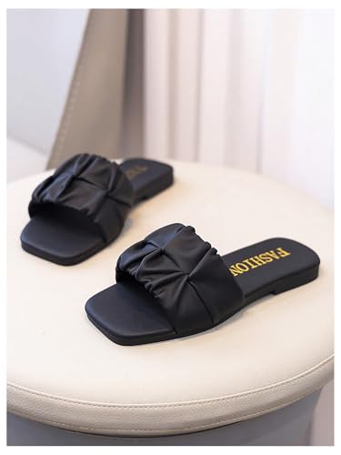 GORGLITTER Girl's Ruched Single Band Chic Flats Square Open Toe Pu Leather Slide Sandals3