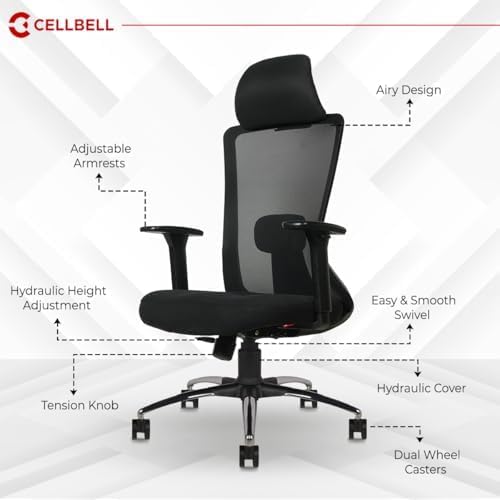 Image of CELLBELL Ergoglide Office Chair High Back Mesh Ergonomic Backrest Design | Tilt Mechanism, Computer, Desk Chair, Work from Home Chair Built-in Adjustable Lumbar Support & Armrest Smooth Glide, Black