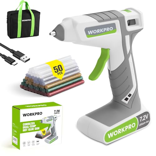 Image of WORKPRO Cordless Hot Glue Gun, 30s Fast Preheating, 7.2V Dual-Temp Glue Gun Kit with 50pcs Glue Gun Sticks, Storage Bag, USB-C Charging Cord, 2600mAh Battery for DIY and Crafting, White