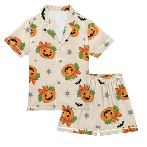 Satin Pajama Sets Short Sleeve Pumpkin Pattern with Bats Stars Button Down Silky Nightwear 2 Piece PJS 5-14Y