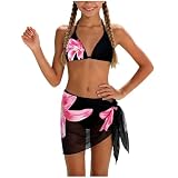 Bikini Set Mädchen 3 Teiliges Blumenmuster Badeanzug Push Up Neckholder Bademodee Summer Badebekleidung mit Rock